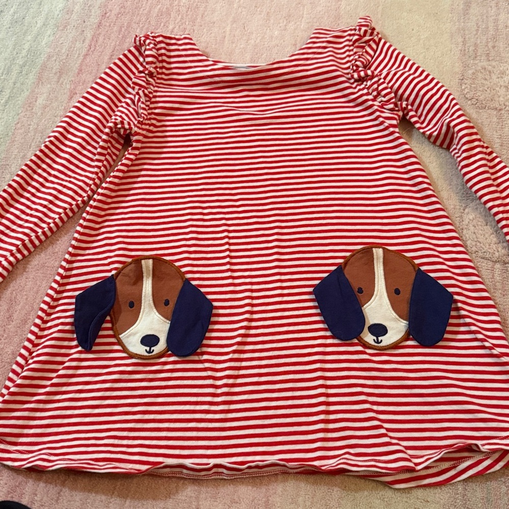 Mini Boden Red Striped Dog Appliqué Shirt with pockets